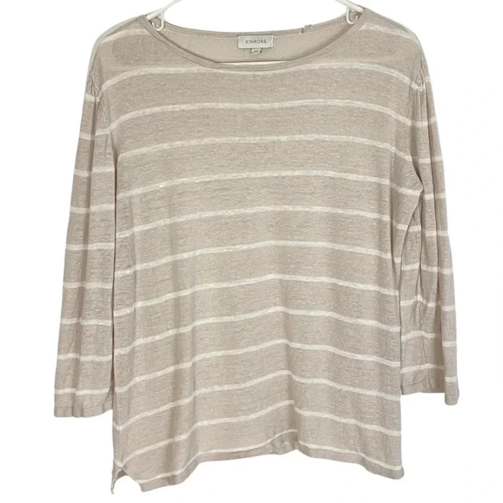 Kinross Linen Pullover Sweater Striped Womens Small Boatneck Beige Lightweight